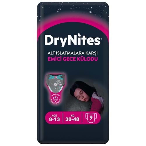 Drynites Emici Gece Külodu/Külot Bez Kız 8-13 Yaş (30-48KG) Large 9 Adet (Alt Islatmalara Karşı)