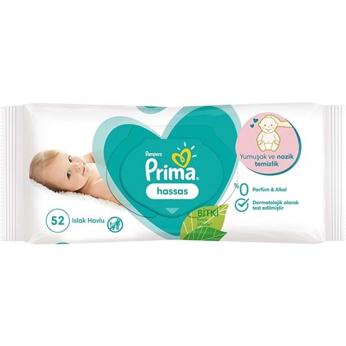 Prima Islak Havlu Mendil Hassas - Sensitive Ciltler İçin Bitki Bazlı Kokusuz 52 Yaprak Tekli Pk