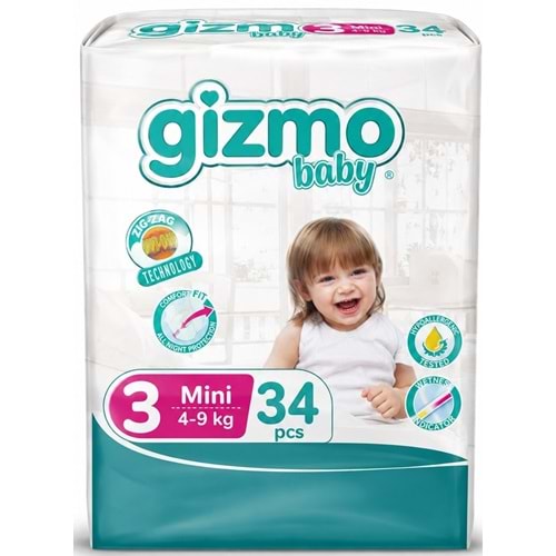 Gizmo Bebek Bezi 3 Beden 4-9+ KG Midi 34 Adet Ekonomik Pk