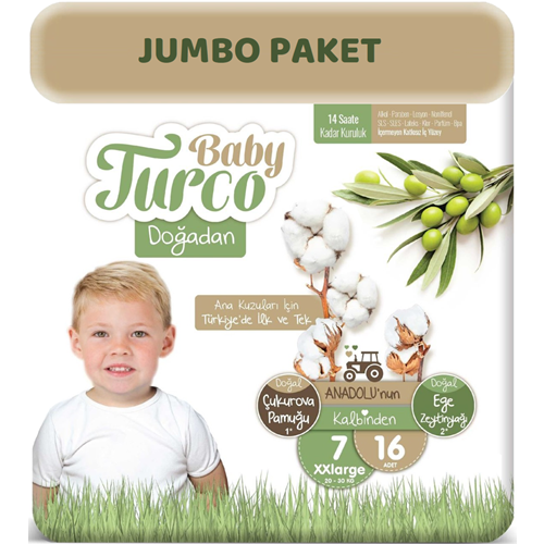 Baby Turco Bebek Bezi Doğadan 7 Beden (20-30Kg) XXLarge 16 Adet Jumbo Pk