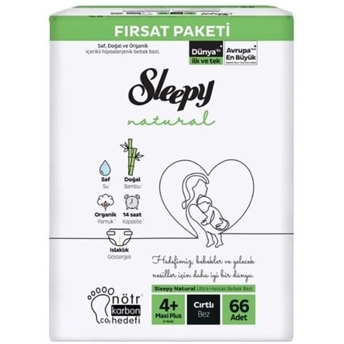 Sleepy Bebek Bezi Naturel 4+ Beden 9-16 KG Maxi Plus 66 Adet Fırsat Pk