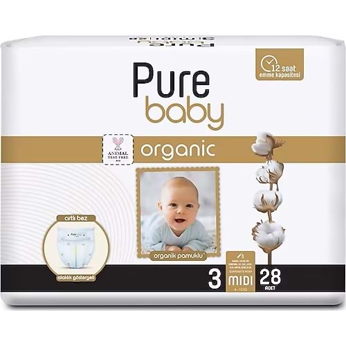 Pure Baby Organik Bebek Bezi 3 Beden 4-10 KG Midi 28 Adet Ekonomik Pk
