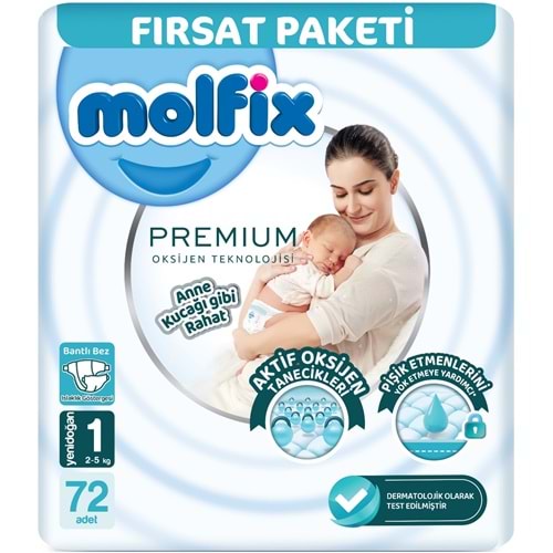 Molfix Premium Bebek Bezi 1 Beden 2-5 KG Yeni Doğan 72 Adet Fırsat Pk