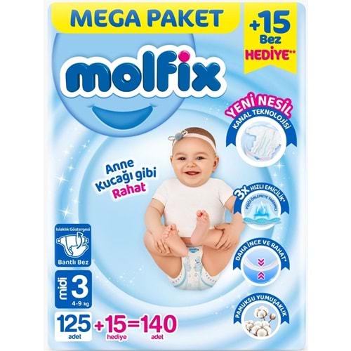 Molfix Bebek Bezi 3 Beden 4-9 KG Midi 140 Adet Pk MeGa Pk
