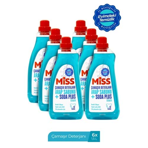 Miss Arap Sabunu ve Soda Plus Etkili Sıvı Çamaşır Deterjanı Renkli & Beyaz 1500ML (6 Lı Set) 1 Koli