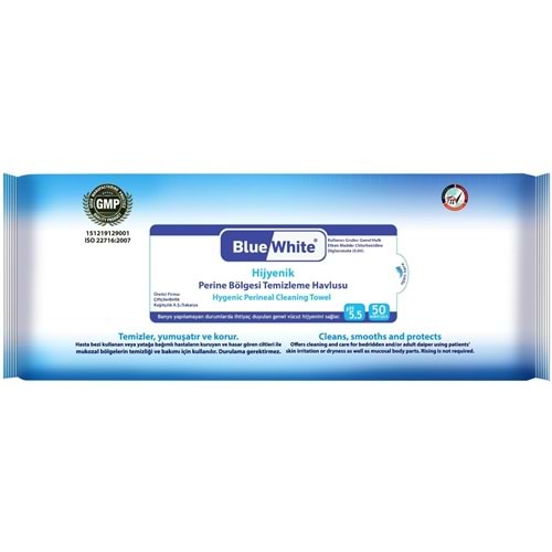 BlueWhite Yetişkin Perine Bölgesi Temizleme Mendil-Havlusu 50 Yaprak Hijyenik Tekli Pk