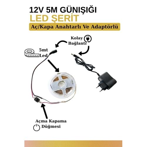 Mandaş 5 Metre Günışığı Şerit Led 3000K Mutfak Tezgah Üstü Dolap Altı İçin 12V Tam Set