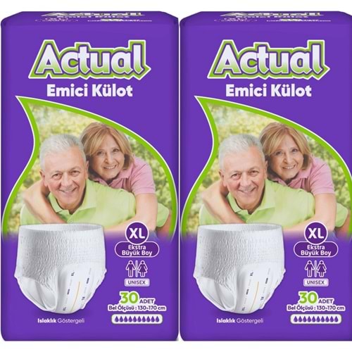 Actual Emici Külot Yetişkin Bezi XL - Extra Large - Ekstra Büyük (Islaklık Göstergeli) 60 Adet (2PK*30)