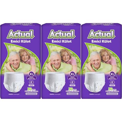 Actual Emici Külot Yetişkin Bezi XL - Extra Large - Ekstra Büyük (Islaklık Göstergeli) 90 Adet (3PK*30)