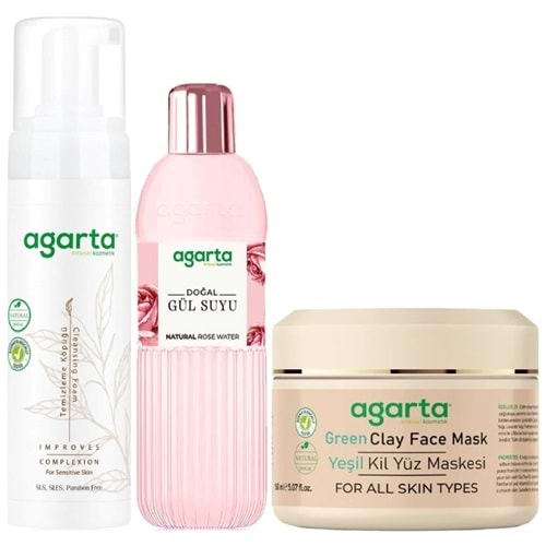 Agarta Doğal Yüz Temizleme Köpüğü - Gül Suyu - Yeşil Kil Yüz Maskesi Karma (3 Lü Set) Bakım Paketi
