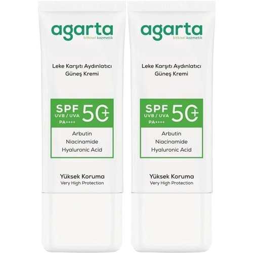 Agarta Leke Karşıtı Aydınlatıcı Spf+50 Faktör Yüz Güneş Kremi 50 ML (2 Li Set)