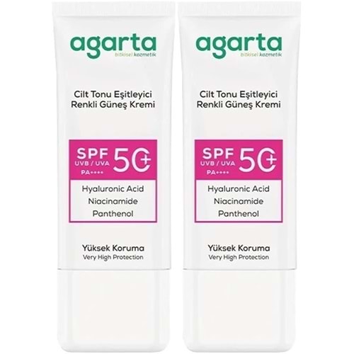 Agarta Cilt Tonu Eşitleyici Renkli Kapatıcı Etkili Spf+50 Faktör Güneş Kremi 50 ML (2 Li Set)