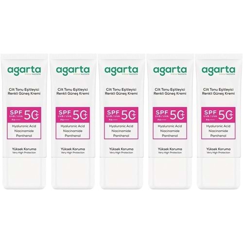 Agarta Cilt Tonu Eşitleyici Renkli Kapatıcı Etkili Spf+50 Faktör Güneş Kremi 50 ML (5 Li Set)