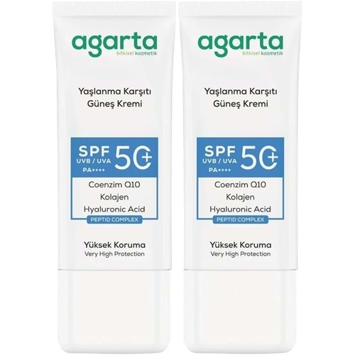 Agarta Yaşlanma Karşıtı Collagen Destekli Spf+50 Faktör Yüz Güneş Kremi 50 ML (2 Li Set)
