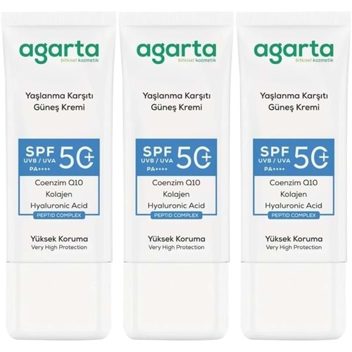 Agarta Yaşlanma Karşıtı Collagen Destekli Spf+50 Faktör Yüz Güneş Kremi 50 ML (3 Lü Set)