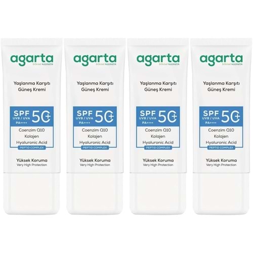 Agarta Yaşlanma Karşıtı Collagen Destekli Spf+50 Faktör Yüz Güneş Kremi 50 ML (4 Lü Set)