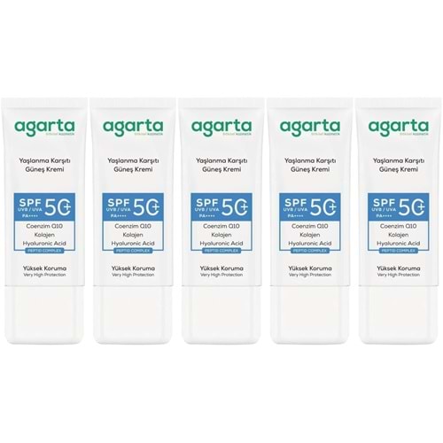 Agarta Yaşlanma Karşıtı Collagen Destekli Spf+50 Faktör Yüz Güneş Kremi 50 ML (5 Li Set)
