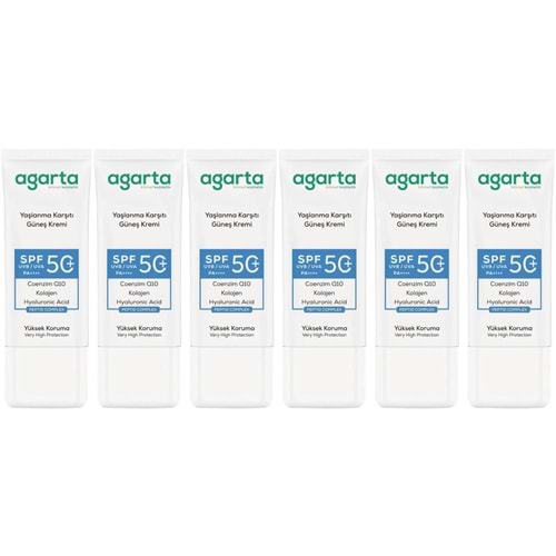 Agarta Yaşlanma Karşıtı Collagen Destekli Spf+50 Faktör Yüz Güneş Kremi 50 ML (6 Lı Set)