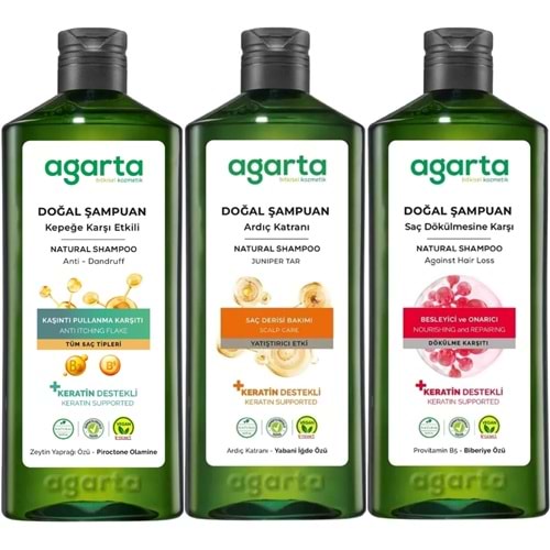 Agarta Doğal Şampuan 400 ML Kepek Karşıtı - Ardıç Katranı,Keratin - Saç Dökülmesine (3 Lü Karma Set)