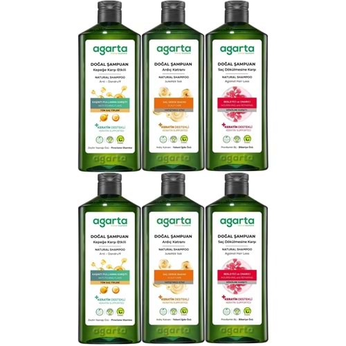 Agarta Doğal Şampuan 400 ML Kepek Karşıtı - Ardıç Katranı,Keratin - Saç Dökülmesine (6 Lı Karma Set)