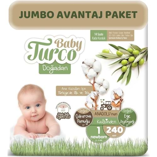 Baby Turco Bebek Bezi Doğadan Beden:1 (2-5Kg) Yeni Doğan 240 Adet Jumbo Avantaj Pk