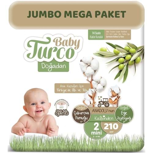 Baby Turco Bebek Bezi Doğadan 2 Beden 3-6 KG Mini 210 Adet Jumbo MeGa Pk