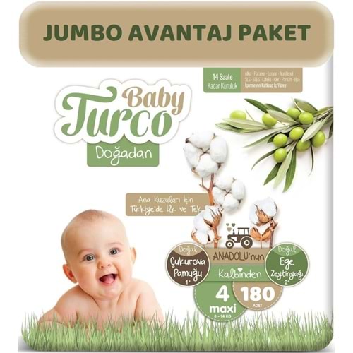 Baby Turco Bebek Bezi Doğadan Beden:4 (8-14Kg) Maxi 180 Adet Jumbo Avantaj Pk
