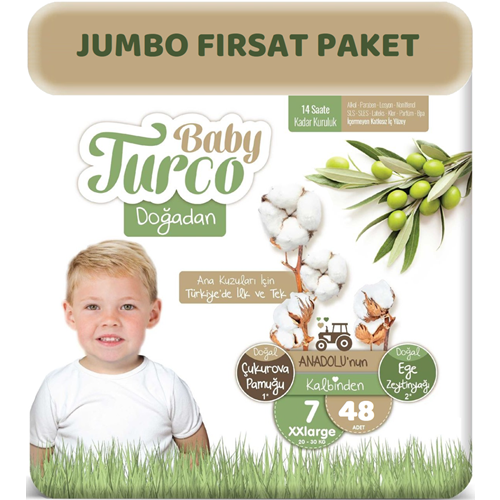 Baby Turco Bebek Bezi Doğadan Beden:7 (20-30Kg) XXLarge 48 Adet Jumbo Fırsat Pk