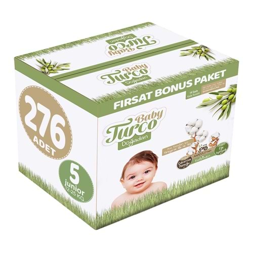 Baby Turco Bebek Bezi Doğadan 5 Beden 12-25 KG Junior 276 Adet Fırsat Bonus Pk