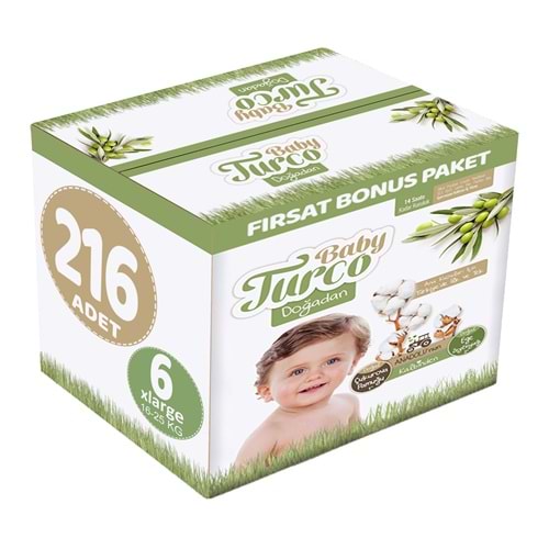 Baby Turco Bebek Bezi Doğadan 6 Beden 16-25 KG XLarge 216 Adet Fırsat Bonus Pk