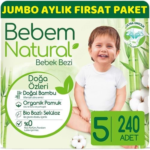 Bebem Bebek Bezi Natural 5 Beden 11-18 KG Junior 240 Adet Aylık Ultra Fırsat Pk