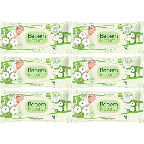 Bebem Natural Islak Bebek Mendili Narin Dokunuş / Yenidoğan 90 Yaprak Plastik Kapaklı 6 Lı Set