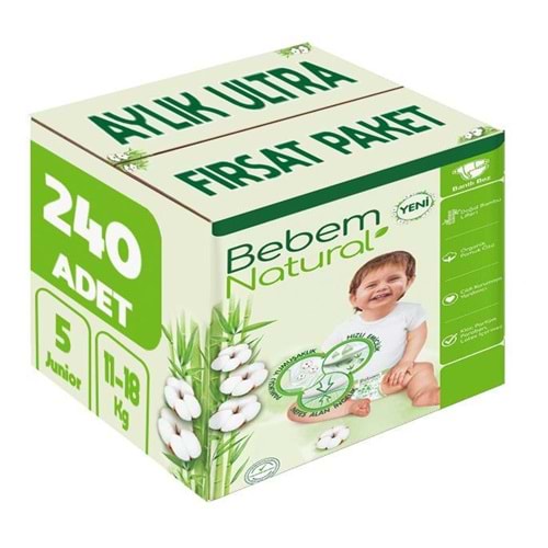 Bebem Bebek Bezi Natural 5 Beden 11-18 KG Junior 240 Adet Aylık Ultra Fırsat Pk