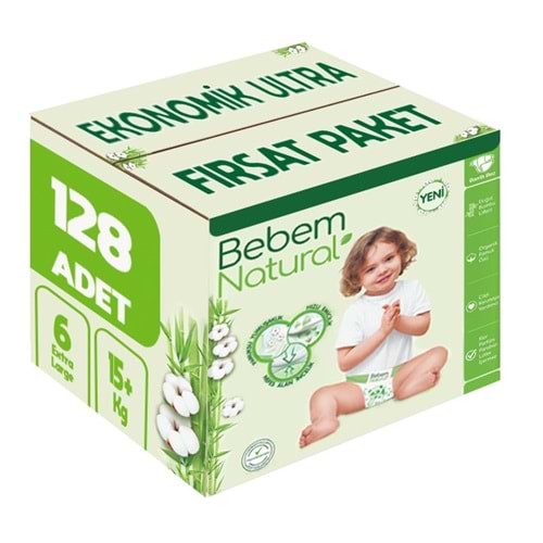 Bebem Bebek Bezi Natural Beden:6 (15+Kg) Extra Large 128 Adet Ekonomik Ultra Fırsat Pk