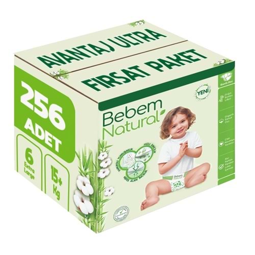 Bebem Bebek Bezi Natural 6 Beden 15+ KG Extra Large 256 Adet Avantaj Ultra Fırsat Pk