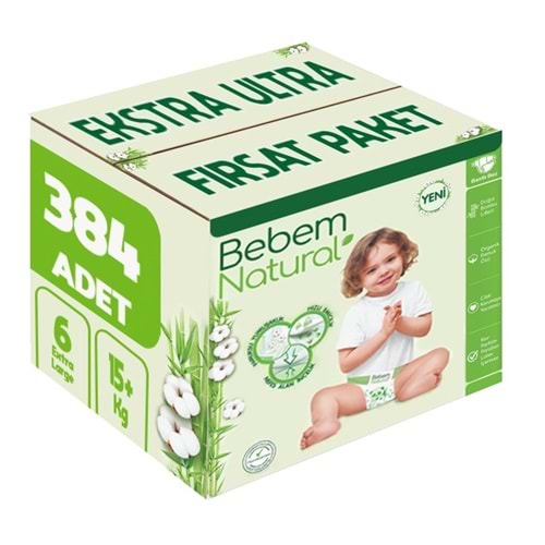 Bebem Bebek Bezi Natural 6 Beden 15+ KG Extra Large 384 Adet Ekstra Ultra Fırsat Pk