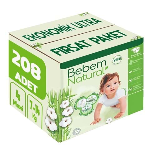 Bebem Bebek Bezi Natural 4 Beden 7-14 KG Maxi 208 Adet Ekonomik Ultra Fırsat Pk