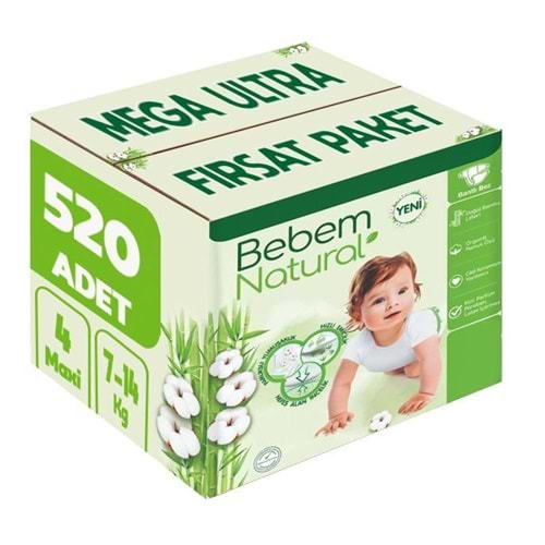 Bebem Bebek Bezi Natural 4 Beden 7-14 KG Maxi 520 Adet MeGa Ultra Fırsat Pk