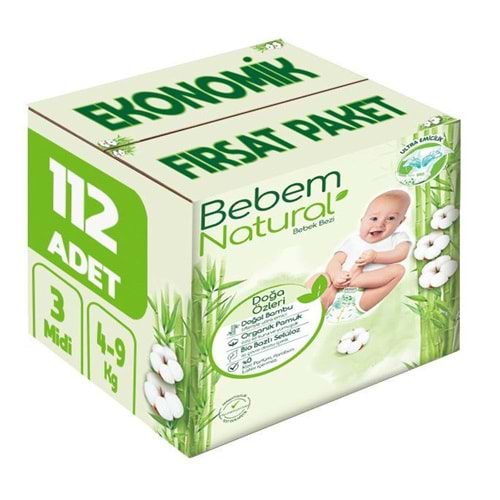 Bebem Bebek Bezi Natural 3 Beden 4-9 KG Midi 112 Adet Ekonomik Fırsat Pk