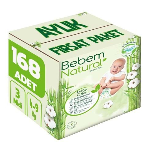Bebem Bebek Bezi Natural 3 Beden 4-9 KG Midi 168 Adet Aylık Fırsat Pk