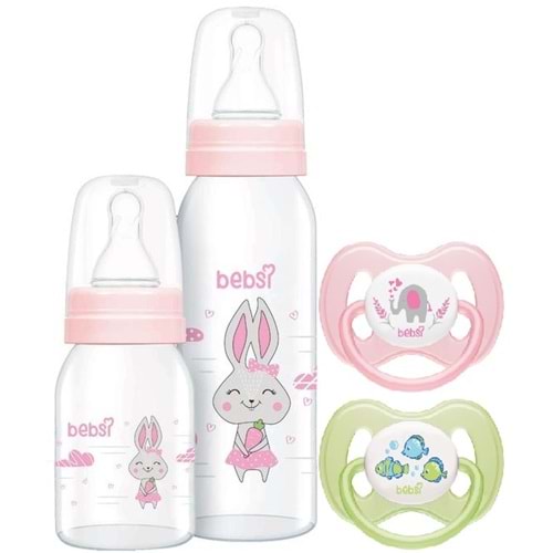 Bebsi Cam Biberon Seti Pembe (250ML+125ML)+Emzik Ortodontik Damaklı Kelebek No:1 (2 Li PK) 4 Lü Set