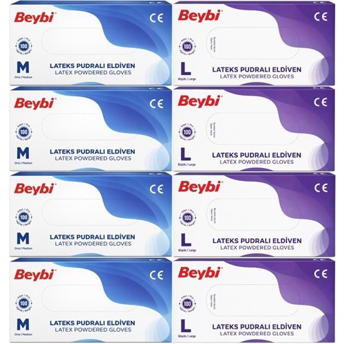 Beybi Lateks Pudralı Muayene Eldiveni M - Medium - Orta / L - Large - Büyük Karma 800 Lü Set