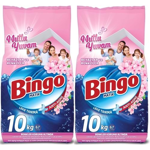Bingo Matik Toz Çamaşır Deterjanı 20KG Beyazlar ve Renkliler (2PK*10KG) (134 Yıkama) (Mutlu Yuvam)