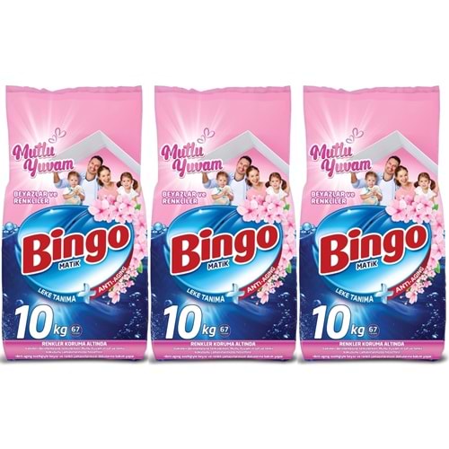 Bingo Matik Toz Çamaşır Deterjanı 30KG Beyazlar ve Renkliler (3PK*10KG) (201 Yıkama) (Mutlu Yuvam)