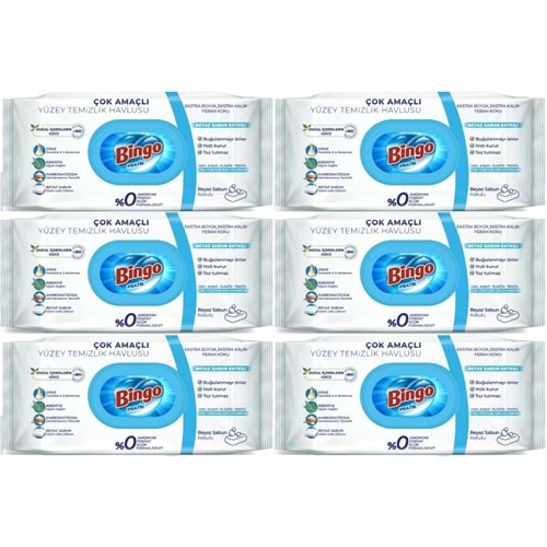 Bingo Clean Yüzey Temizlik Havlusu 96 Yaprak Beyaz Sabun Plastik Kapaklı (6 Lı Set) 576 Yaprak