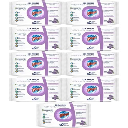 Bingo Clean Yüzey Temizlik Havlusu 96 Yaprak Lavanta Kokulu Plastik Kapaklı (9 Lu Set) 864 Yaprak