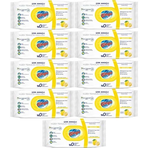 Bingo Clean Yüzey Temizlik Havlusu 96 Yaprak Limon Kokulu Plastik Kapaklı (9 Lu Set) 864 Yaprak