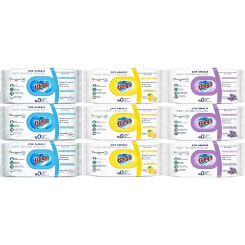 Bingo Clean Yüzey Temizlik Havlusu (Karma 9 Lu Set) (Beyaz Sabun/Limon Kokulu/Lavanta Kokulu)