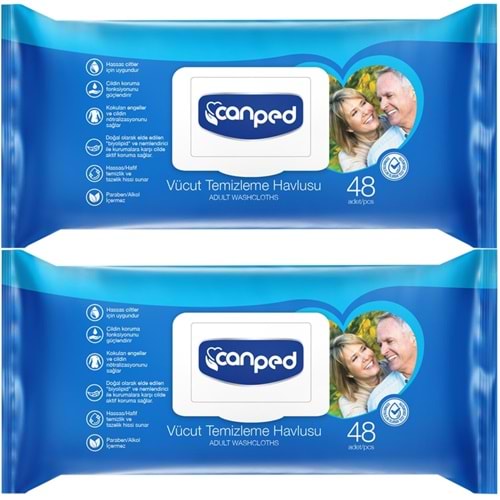 Canped Yetişkin Vücut Perine Temizleme Islak Mendil Havlu 48 Yaprak XL (2 Li Set) Plastik Kapaklı