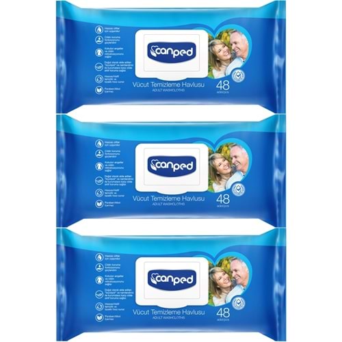 Canped Yetişkin Vücut Perine Temizleme Islak Mendil Havlu 48 Yaprak XL (3 Lü Set) Plastik Kapaklı